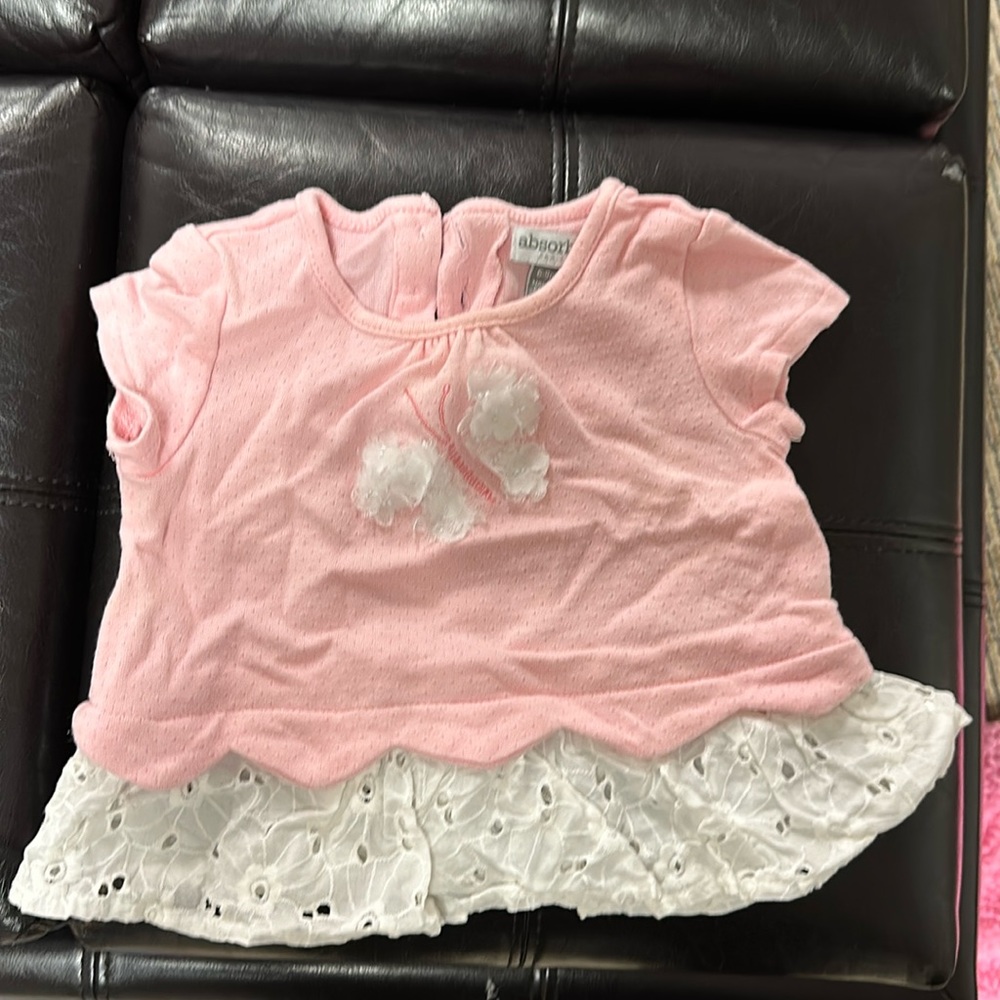 Absorba 6-9 month pink butterfly top with white lace detail